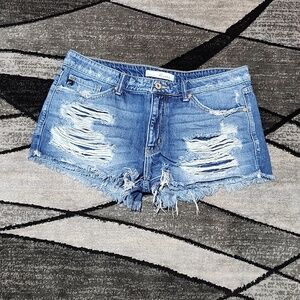 KANCAN LOS ANGELES DISTRESSED RAW-EDGE ZIP-FLY DENIM JEAN SHORTS